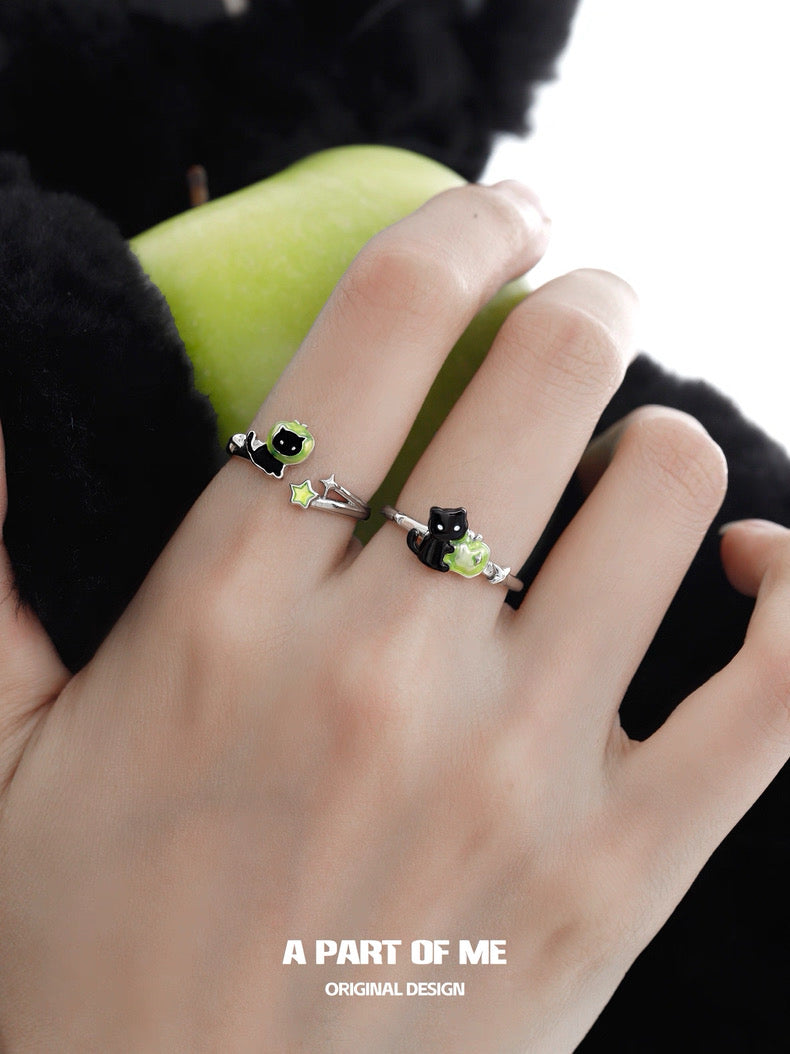 Apple Cat S925 Sterling Silver Black Cat & Green Apple Adjustable Rings