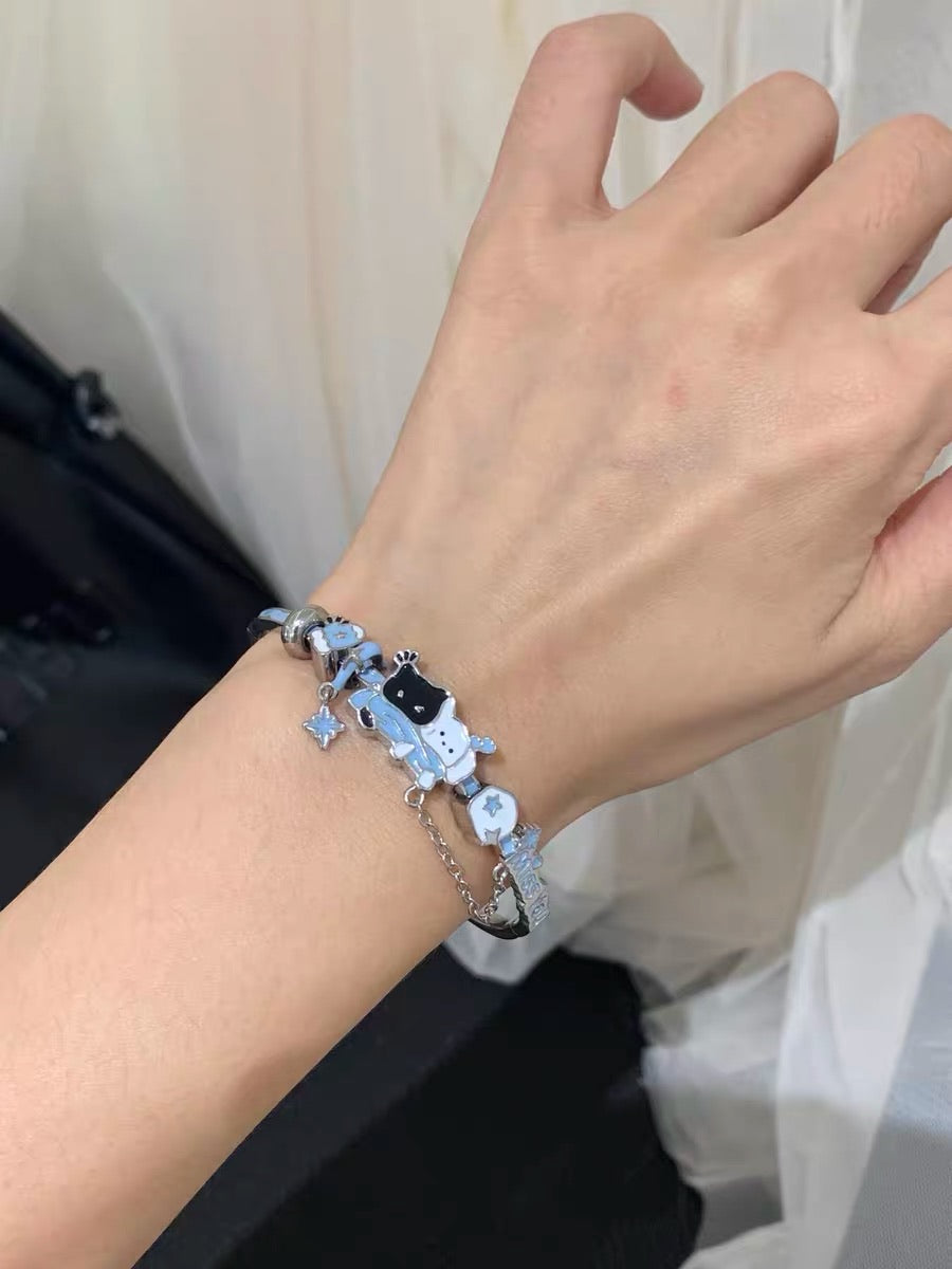 Snowy Black Cat & White Dog 18K Platinum Plating Bracelet