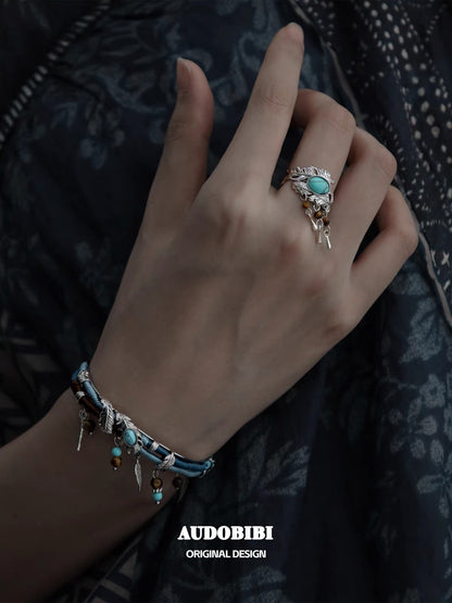 Plume Collection S925 Sterling Silver Turquoise & Tiger Eyes Tassel Ring (46,5-53mm)