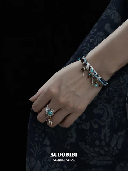 Plume Collection S925 Sterling Silver Turquoise & Tiger Eyes Tassel Ring (46,5-53mm)