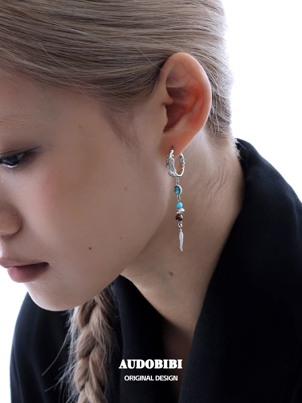 Plume Collection 18K Platinum Plating Turquoise & Tiger Eyes Stone Asymmetry Hoop Earrings