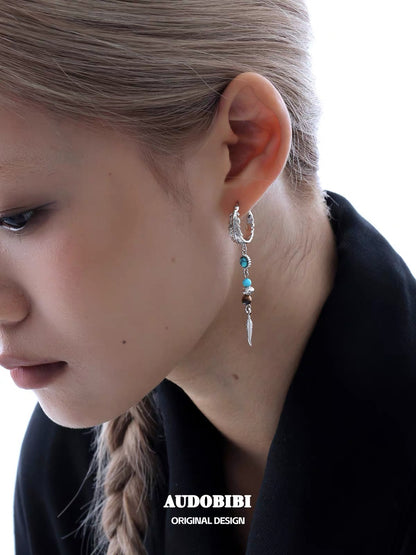Plume Collection 18K Platinum Plating Turquoise & Tiger Eyes Stone Asymmetry Hoop Earrings