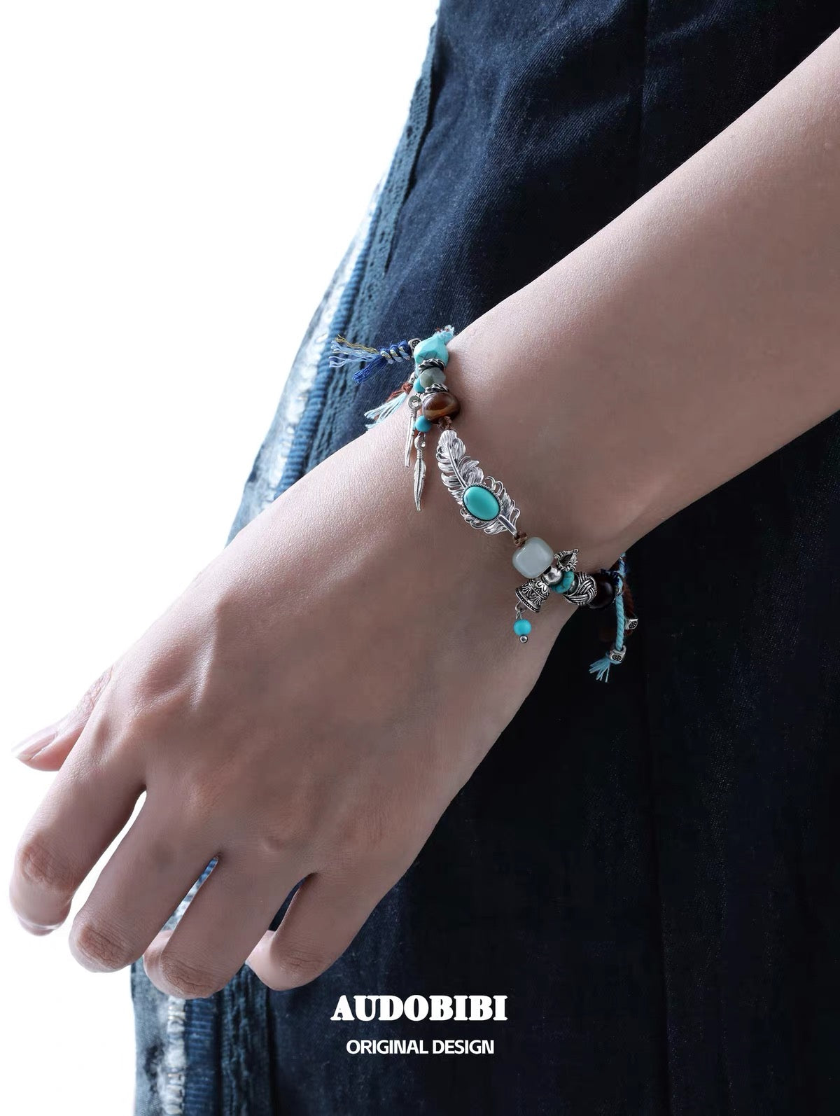Plume Collection 18K Platinum Plating Hand-braided Cord Turquoise & Agate Bracelet