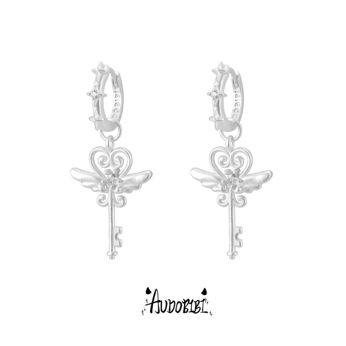 Little Devil 18K Platinum Plating Angel & Demon Heart Key Huggie Earrings
