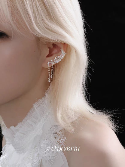 Dreaming in Lace Platinum Plating Rose Lobe Earrings with Earcuffs