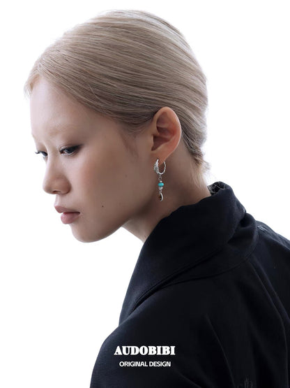 Plume Collection 18K Platinum Plating Turquoise & Tiger Eyes Stone Asymmetry Hoop Earrings