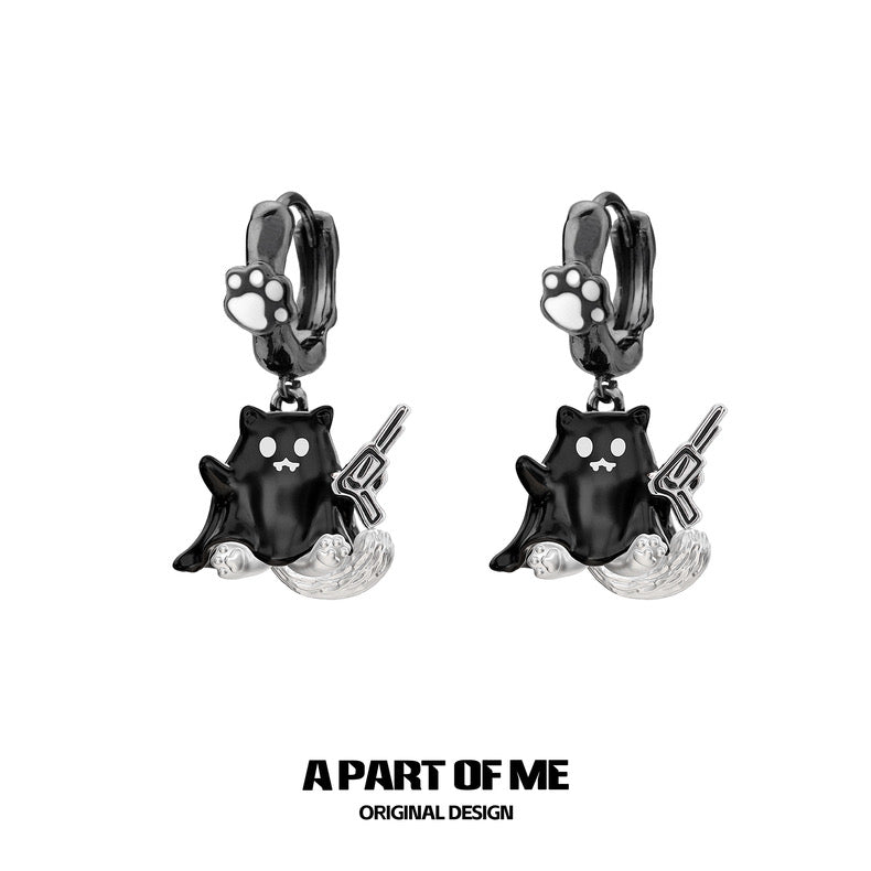 Ghost Kitten 18K Platinum Plating Huggies Earrings