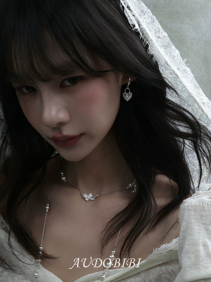 Dreaming in Lace 18K Platinum Platinum Heart Lock & Key Huggie Earrings