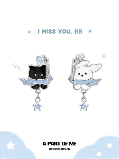 Snowy Black Cat & White Dog 18K Platinum Plating Huggies Earrings