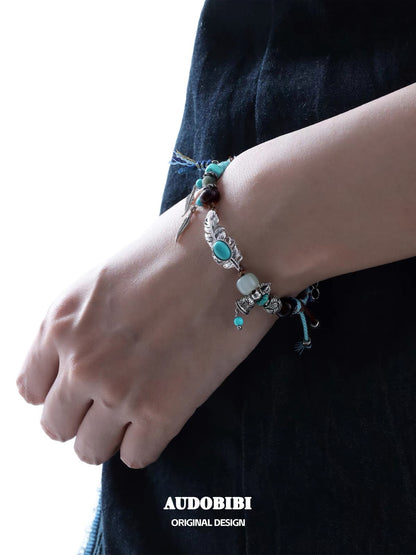 Plume Collection 18K Platinum Plating Hand-braided Cord Turquoise & Agate Bracelet