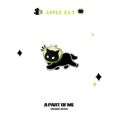 Apple Cat 18K Platinum Plating Black Cat & Green Apple Stud Earrings