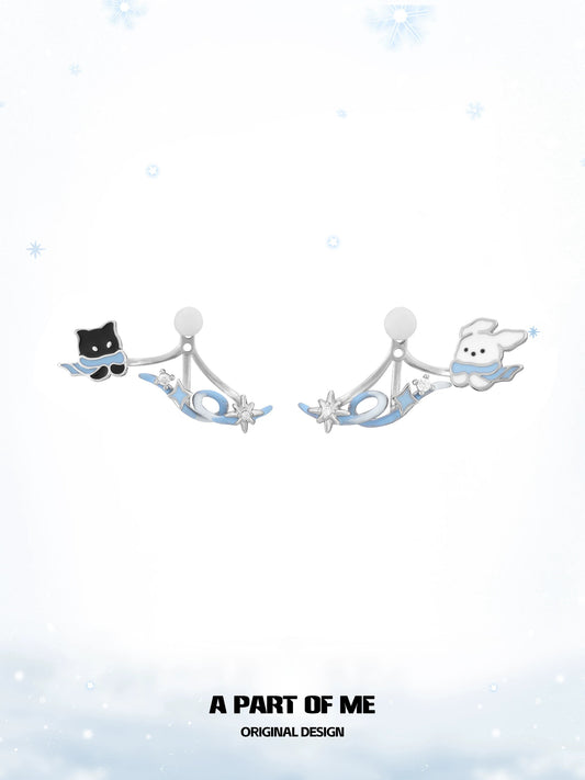 Windy Black Cat & White Dog 18K Platinum Plating Detachable Earrings