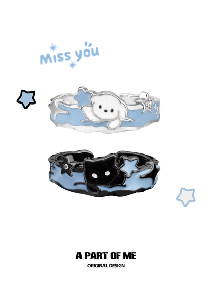 Picking Stars in the Snow S925 Sterling Silver Black Cat & White Puppy Couple Ring