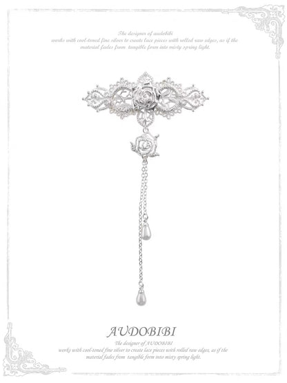 Dreaming in Lace Platinum Plating Rose & Pearl Brooch