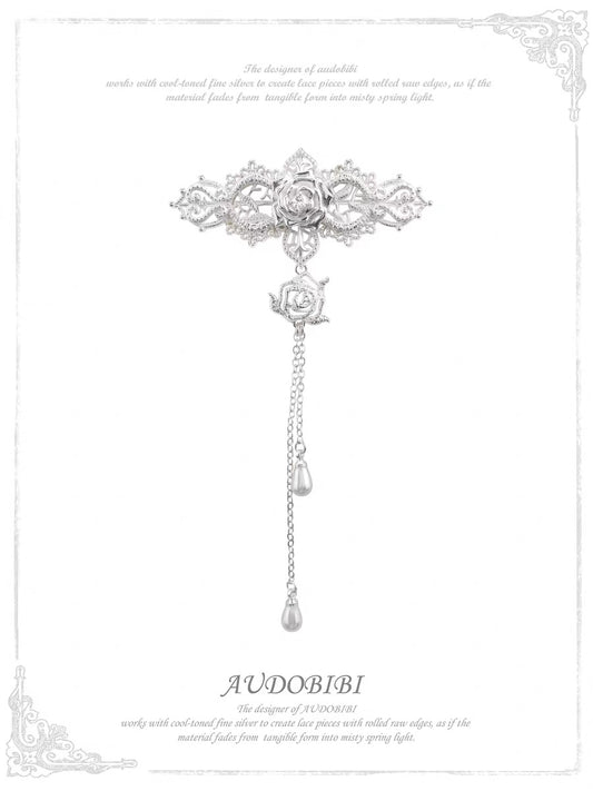 Dreaming in Lace Platinum Plating Rose & Pearl Brooch