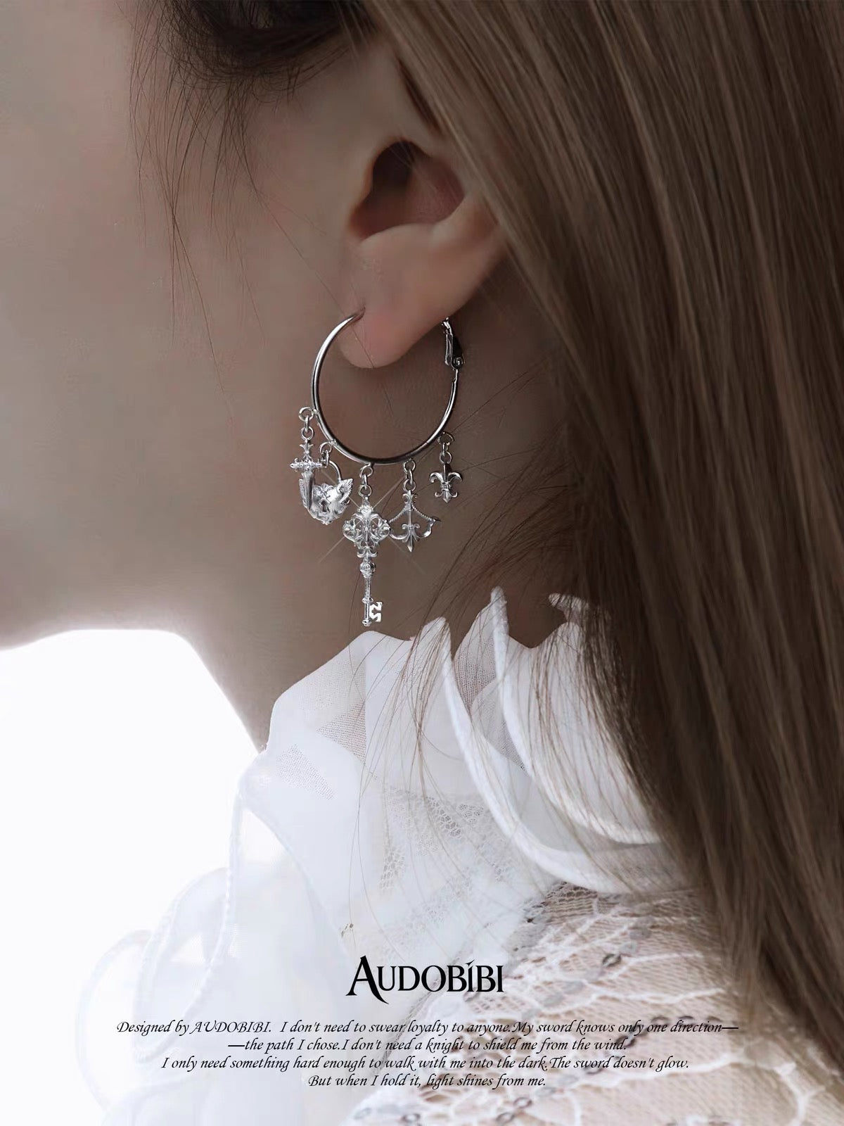 The Knight 18K Platinum Plating Sword & Shield Charms Hoop Earrings