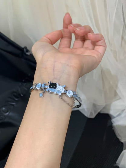 Snowy Black Cat & White Dog 18K Platinum Plating Bracelet
