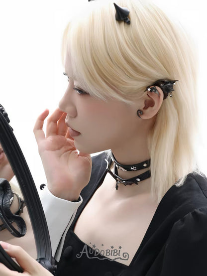 Little Devil 18K Platinum Plating Black Leather Choker (can be used as bracelet)