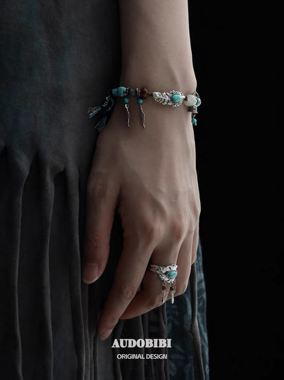 Plume Collection 18K Platinum Plating Hand-braided Cord Turquoise & Agate Bracelet