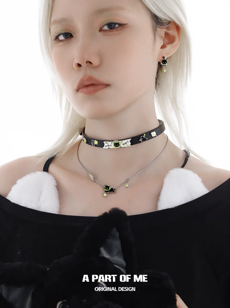 Apple Cat 18K Platinum Plating Black Cat & Green Apple Choker & Necklace