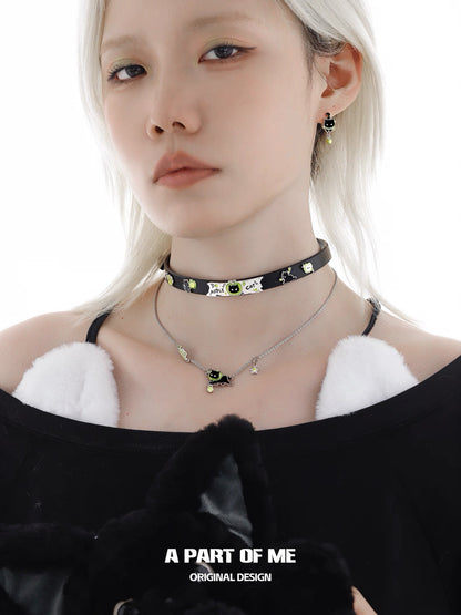 Apple Cat 18K Platinum Plating Black Cat & Green Apple Choker & Necklace