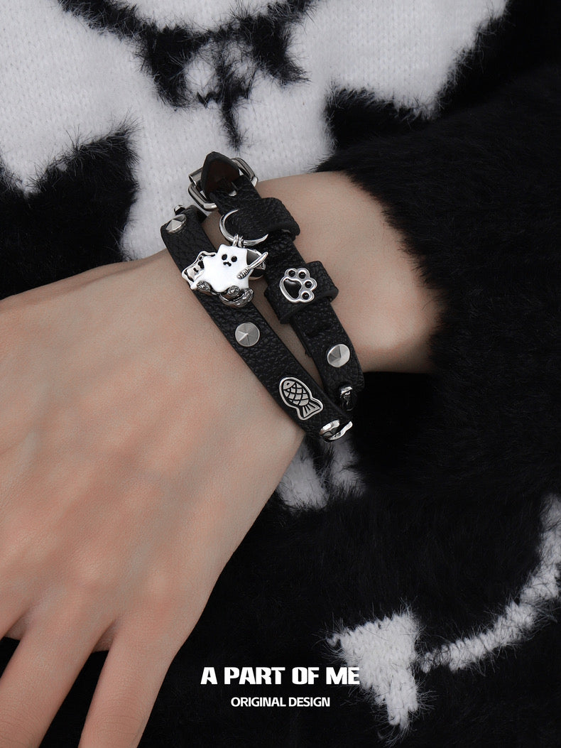 Ghost Kitten 18K Platinum Plating Leather Bracelet