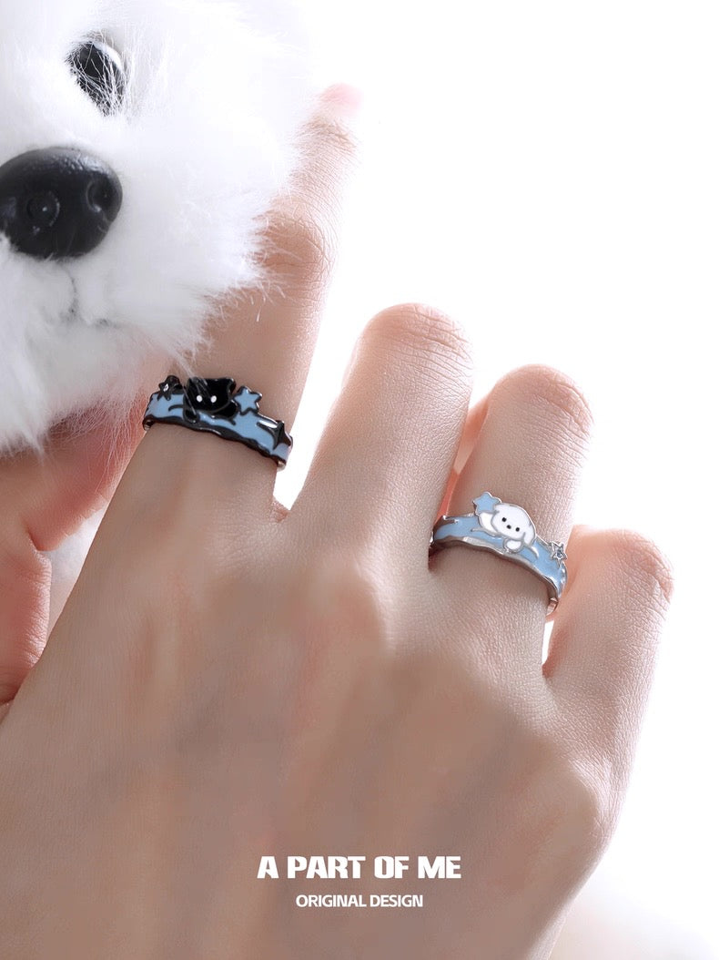 Picking Stars in the Snow S925 Sterling Silver Black Cat & White Puppy Couple Ring