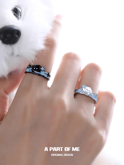 Picking Stars in the Snow S925 Sterling Silver Black Cat & White Puppy Couple Ring