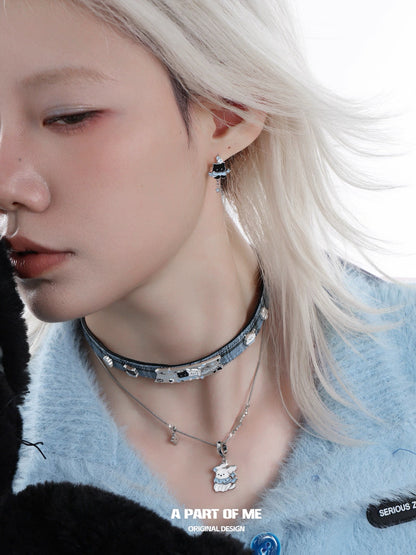 Snowy Black Cat & White Dog Leather Choker