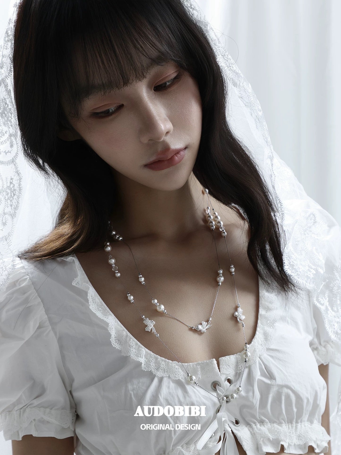 Dreaming in Lace 18K Platinum Plating Pearl & Ribbon Stacked Necklace
