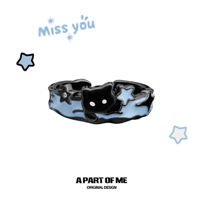 Picking Stars in the Snow S925 Sterling Silver Black Cat & White Puppy Couple Ring