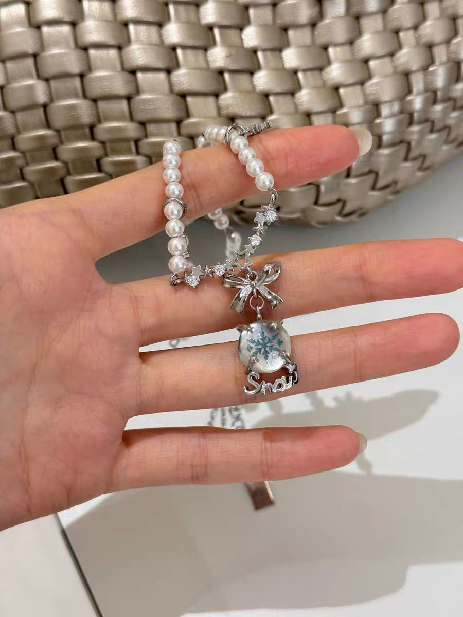 Snowflakes & Pearl 18K Platinum Plating Crystal Ball Necklace