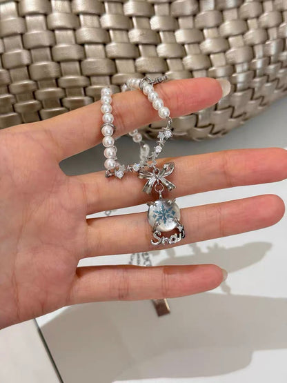 Snowflakes & Pearl 18K Platinum Plating Crystal Ball Necklace