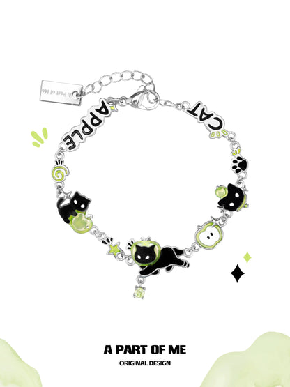 Apple Cat 18K Platinum Plating Black Cat & Green Apple Bracelet