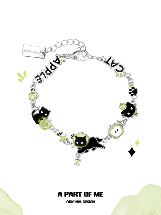 Apple Cat 18K Platinum Plating Black Cat & Green Apple Bracelet
