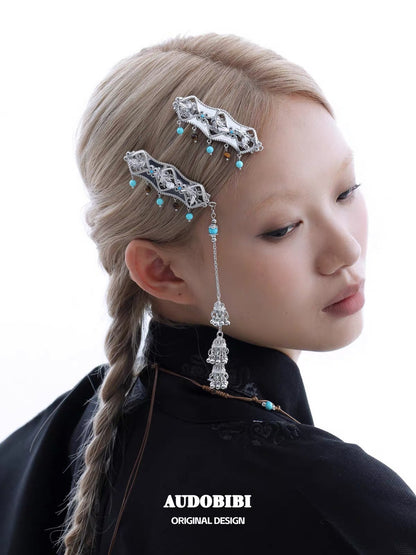 Plume Collection 18K Platinum Plated Tibet Style Hair Clip (Detachable Tassel)