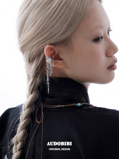 Plume Collection 18K Platinum Plating Tibet Mountain Turquoise & Tiger Eyes Tassel Earcuffs