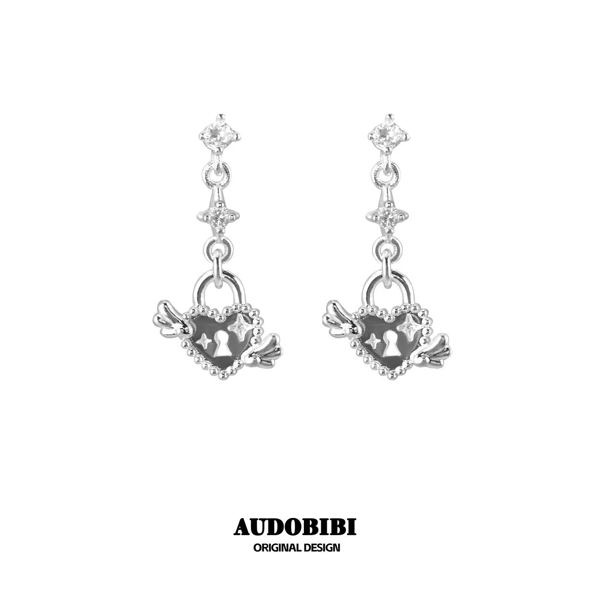Judgement Angel S925 Sterling Silver Winged Heart Lock & Key Earring Set