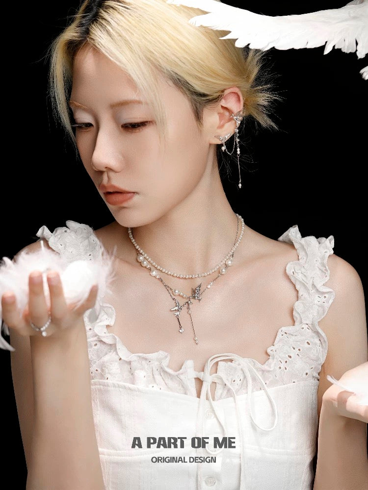 Celestial Plumage 18K Platinum Plating Pearl Double Layered Necklace