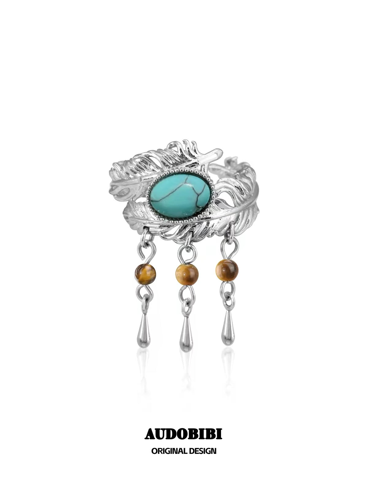 Plume Collection S925 Sterling Silver Turquoise & Tiger Eyes Tassel Ring (46,5-53mm)