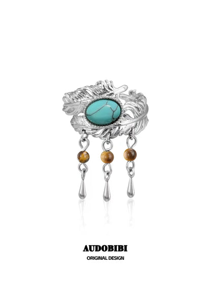 Plume Collection S925 Sterling Silver Turquoise & Tiger Eyes Tassel Ring (46,5-53mm)