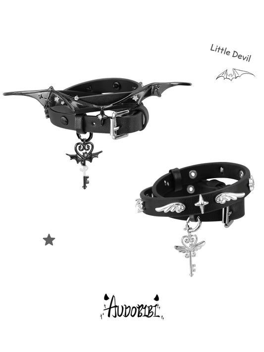 Little Devil 18K Platinum Plating Black Leather Choker (can be used as bracelet)
