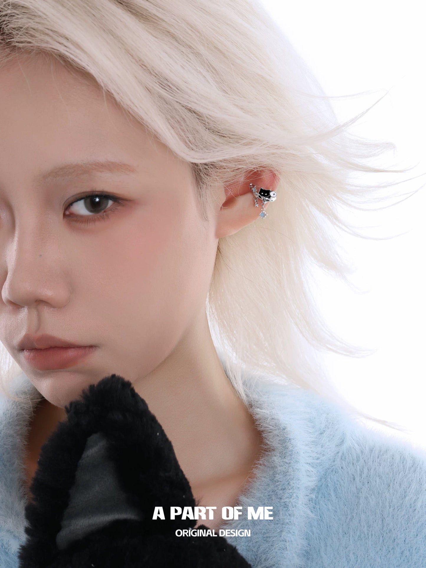 Snowy Black Cat & White Dog 18K Platinum Plating Ear Cuffs