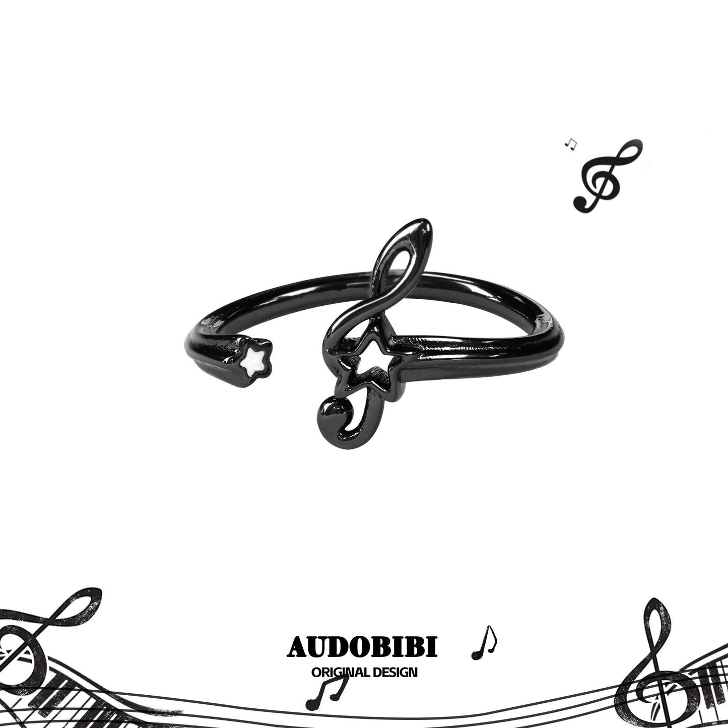 Melody Etude Black Resin Coated Treble Clef Star Adjustable Ring