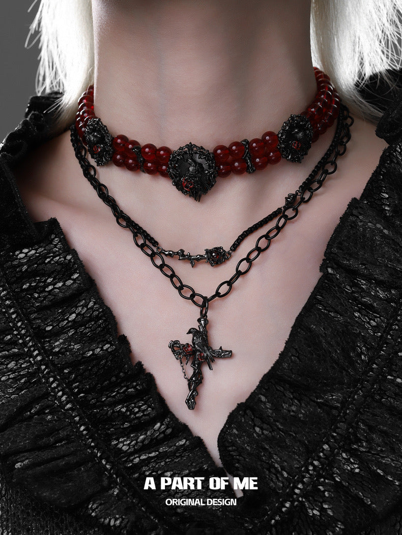Crow Collection 18K Black Gold Plated Choker & Double Layered Necklace