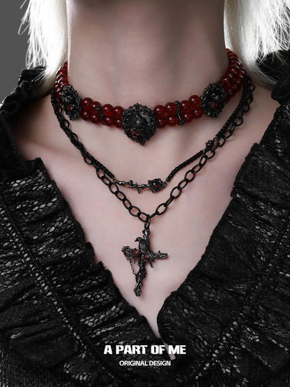 Crow Collection 18K Black Gold Plated Choker & Double Layered Necklace