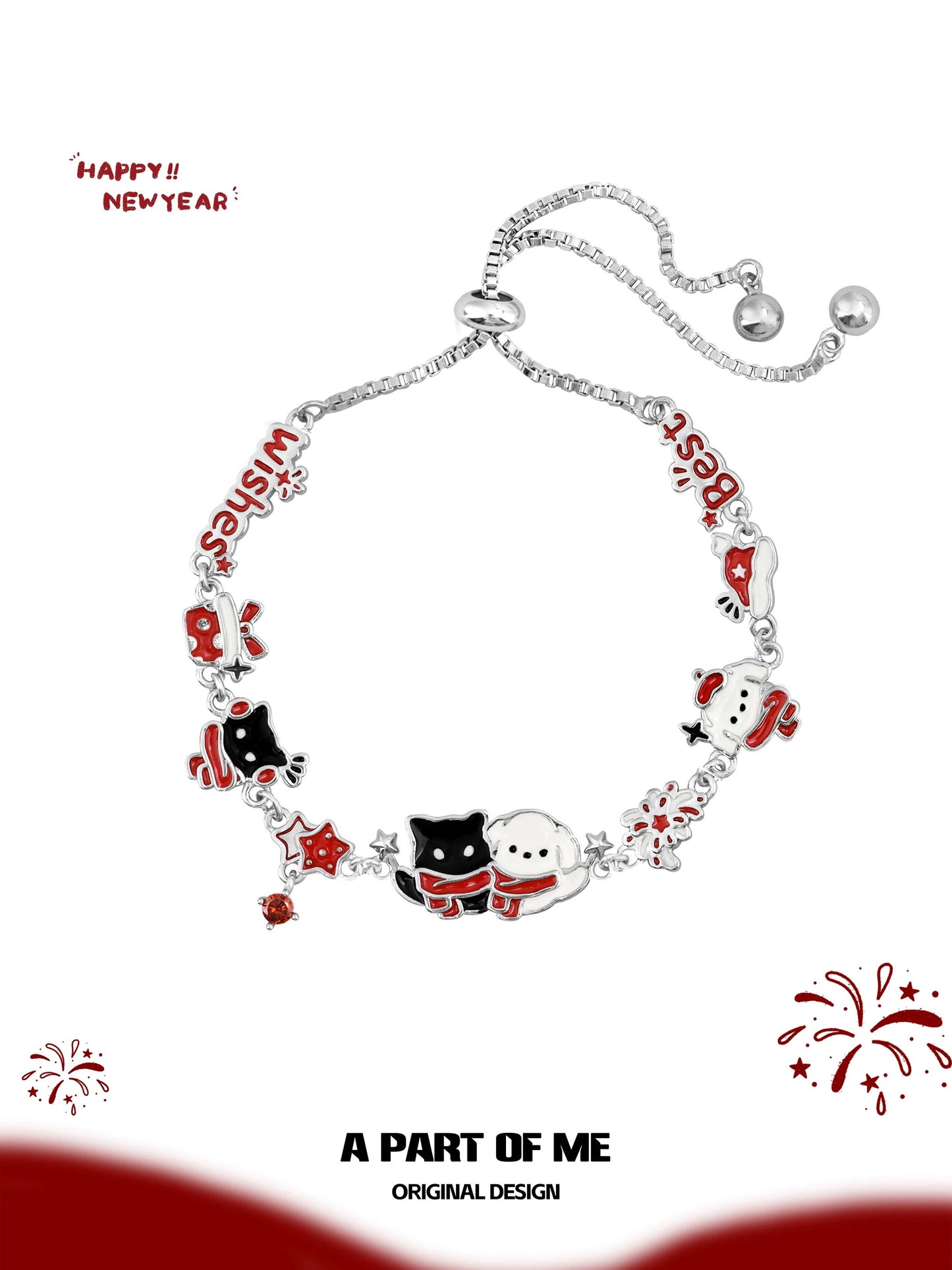 Happy New Year 18K Platinum Plating Black Cat & White Dog Slider Bracelet