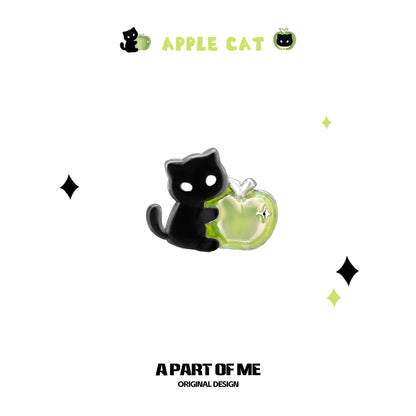 Apple Cat 18K Platinum Plating Black Cat & Green Apple Stud Earrings