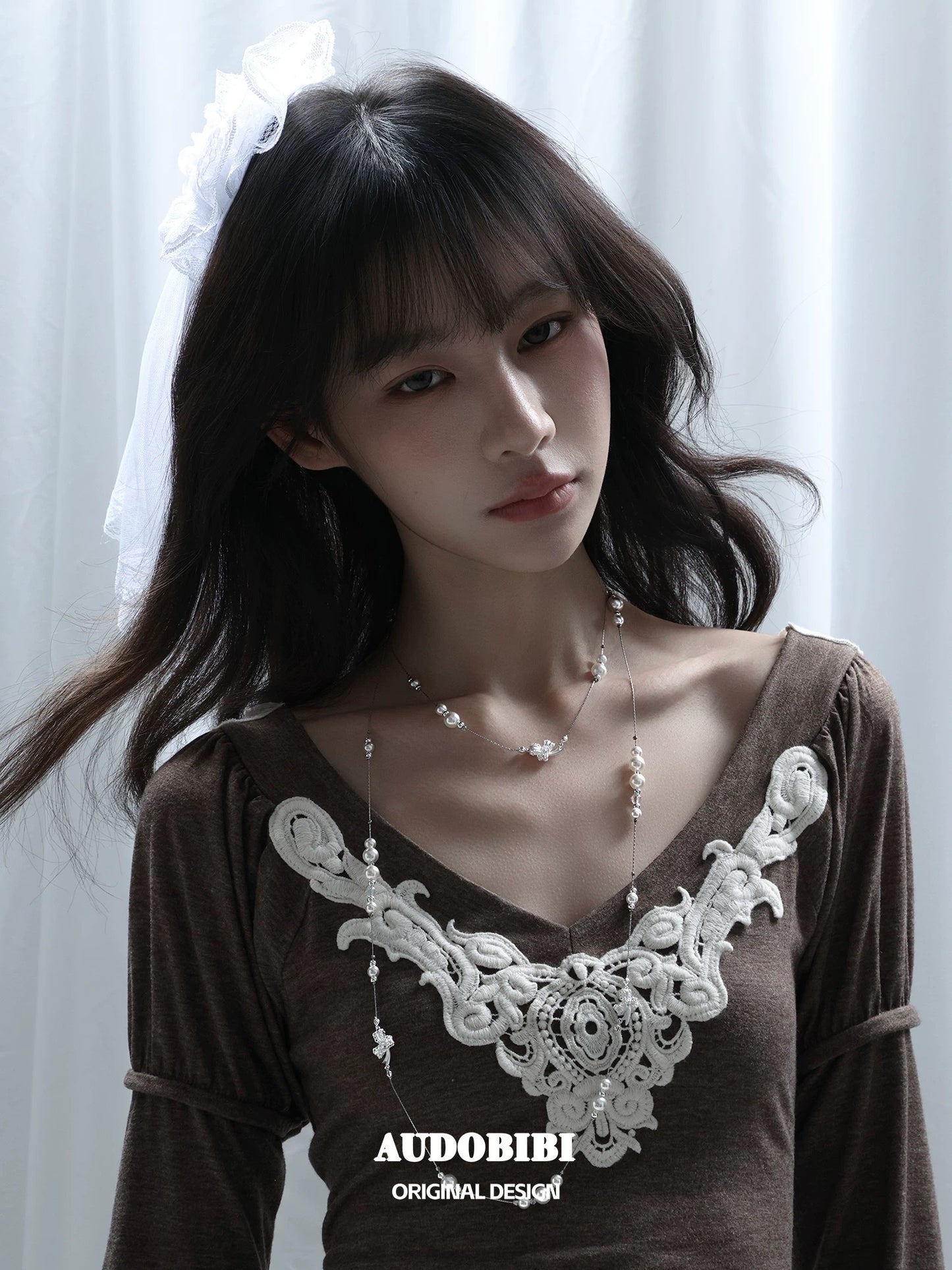 Dreaming in Lace 18K Platinum Plating Pearl & Ribbon Stacked Necklace