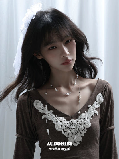 Dreaming in Lace 18K Platinum Plating Pearl & Ribbon Stacked Necklace